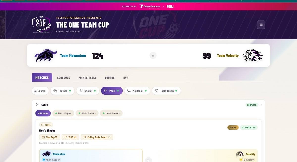 forjsports.live — The One Team Cup live dashboard, Momentum 124 vs Velocity 99, Padel matches with FINAL/COMPLETED status